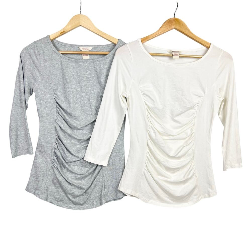 Sundance LOT 2 Princess Ruched Tops Women's Cotton Shirt Gray/Off White Small